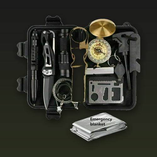13-piece outdoor emergency survival gear kit on a dark olive background