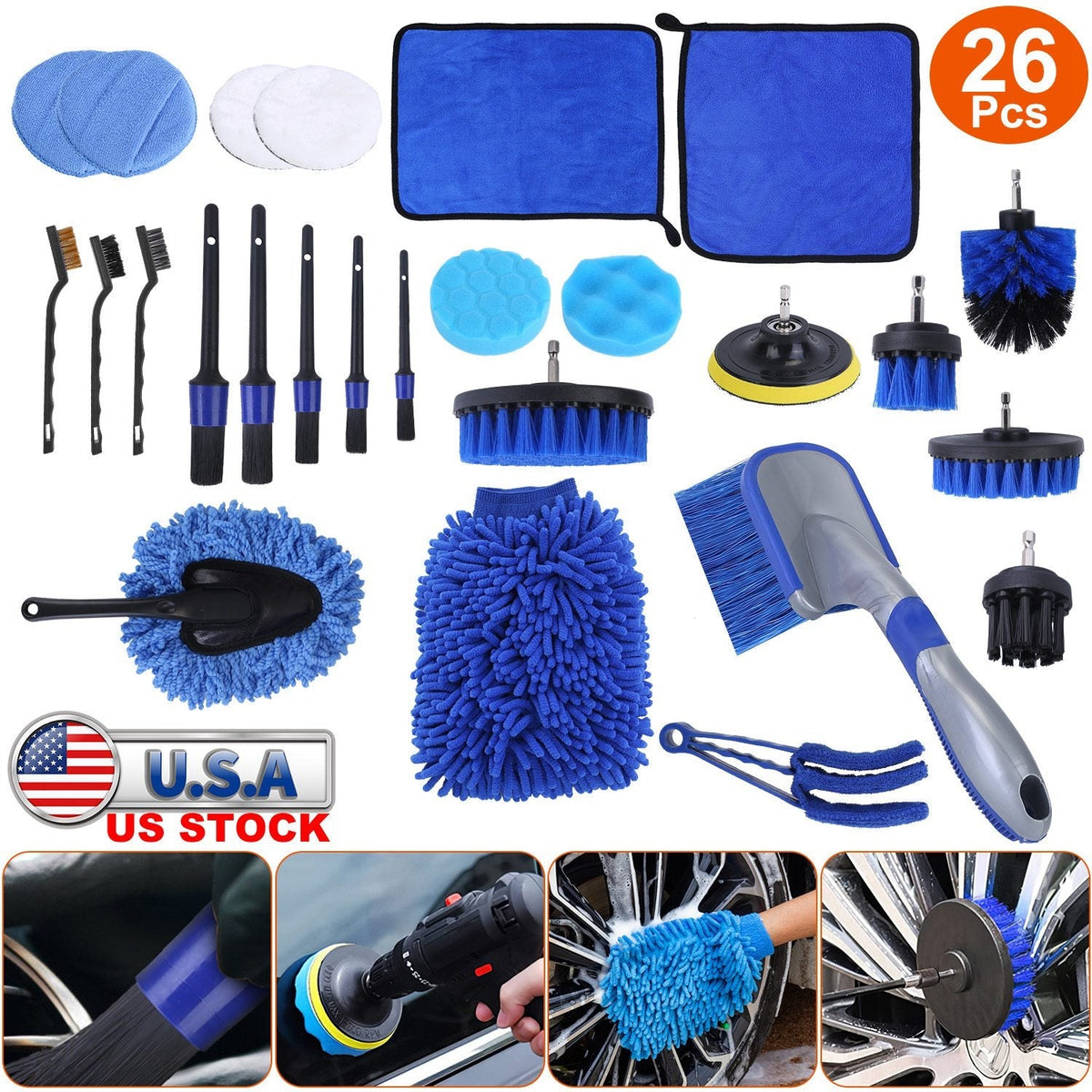 26Pcs Car Detailing Brush Kit Exterior Interior Car Cleaning Set Drill Brush Set Car Buffing Sponge Pads Kit for Cleaning Automobile Interior Exterior