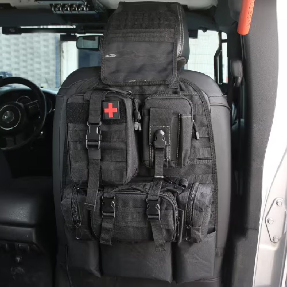 Front view of the back-seat organizer installed on a front seat