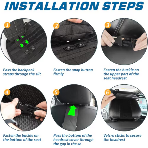 Six-step installation diagram showing how the organizer buckles around the headrest and seat